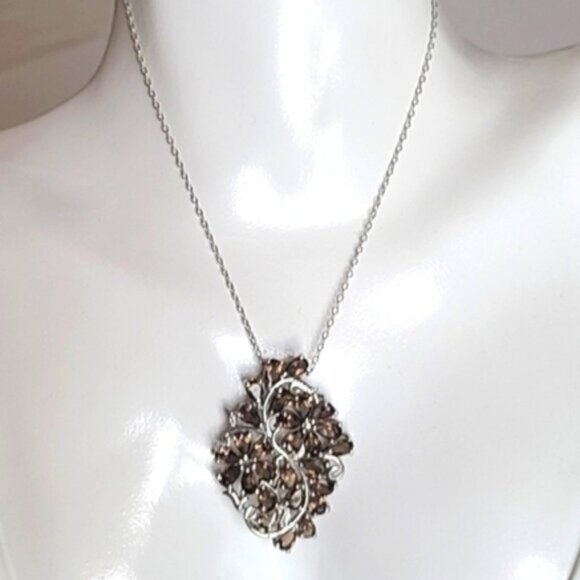 Vintage Sterling Silver Floral Filigree Smoky Quartz Crystal Pendant Necklace - Picture 7 of 16